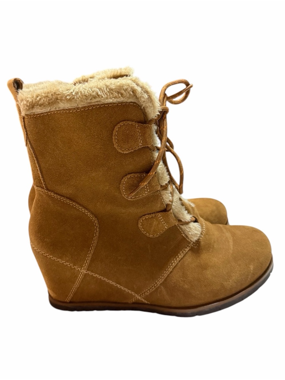Baretraps "Bonnie" Tan Suede Faux-Fur Wedge Boots Size 7.5 - Picture 4 of 9